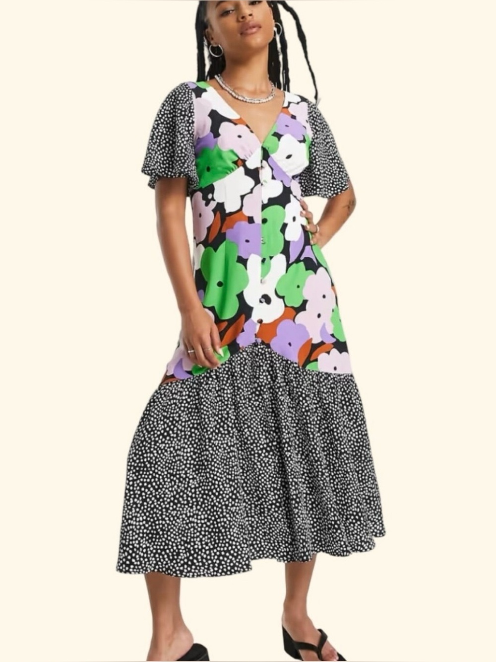 Topshop Floral & Dot V-Neck Tiered Midi Dress - Green/Purple/Black/White size 4.